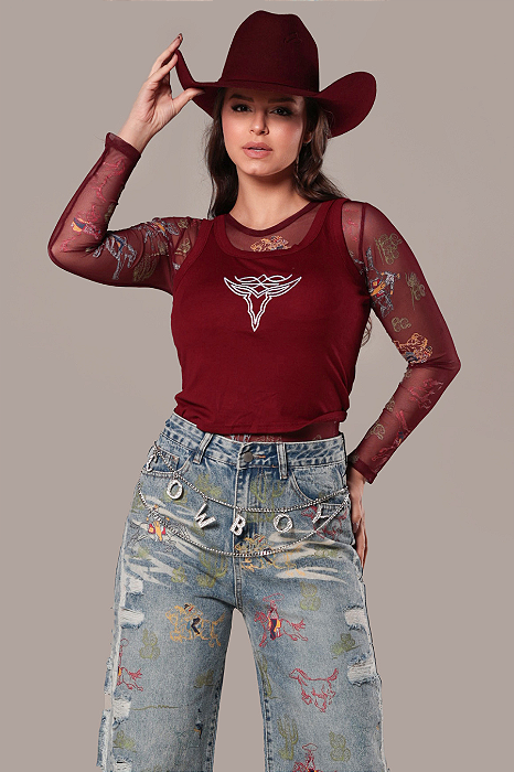 Blusinha Regata Canelada Bordô Bordada Country Sessions Ref. TR40