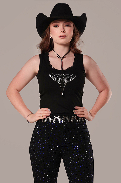 Blusinha Preta Regata Rendada Bordada Head Ox Ref. TR42
