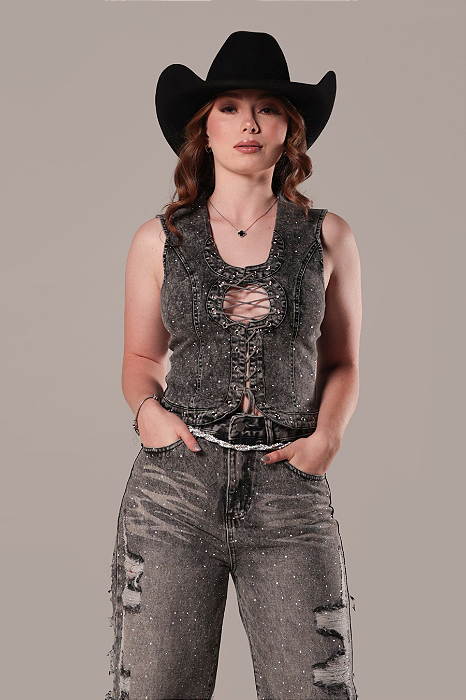 Colete Jeans Stoned Silver Strass Country Sessions Ref. TR11