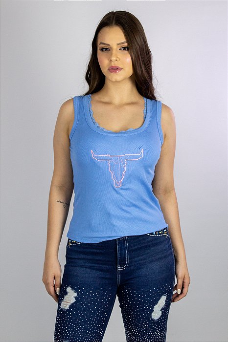 Blusinha Azul Regata Rendada Bordada Head Ox Ref. TR45