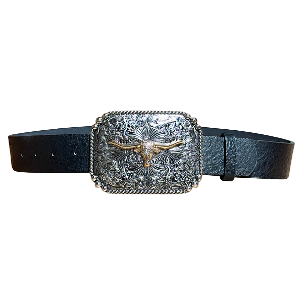 Cinto Preto Country Fivela Quadrada Longhorn Ref. TR145