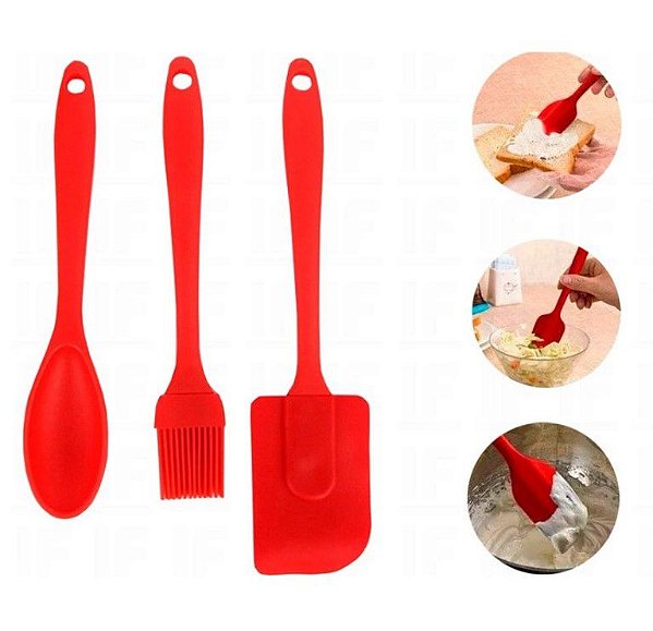 Kit 3 Pcs Utensilios Cozinha Silicone Espatula Pincel Colher