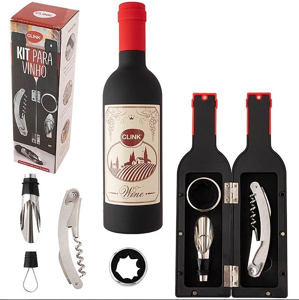Kit Acessórios Para Abrir Vinho 3 Peças Com Garrafa Inox Presente Lembrança