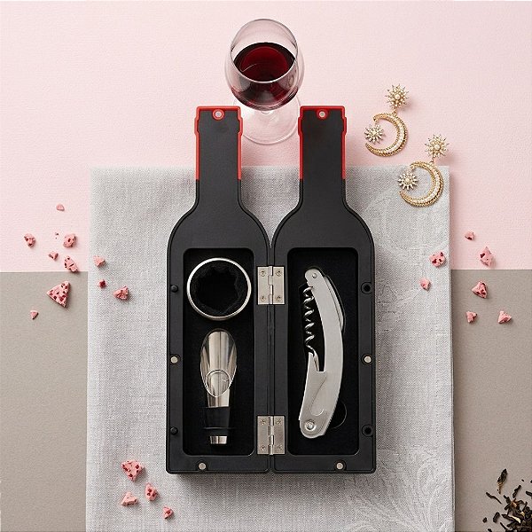 Kit Acessórios Para Vinho 3 Peças + Estojo Formato Garrafa | Saca-Rolhas Anel Bico Dosador | Presente Lembrancinha