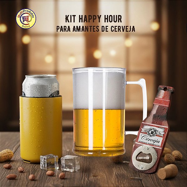 Kit Happy Hour | 1 Abridor de Garrafa + 1 Caneca Chopp 500ml Acrílico + 1 Porta Latão Térmico | Presente Criativo | Amantes de Cerveja | Amigo Secreto | Presente Masculino