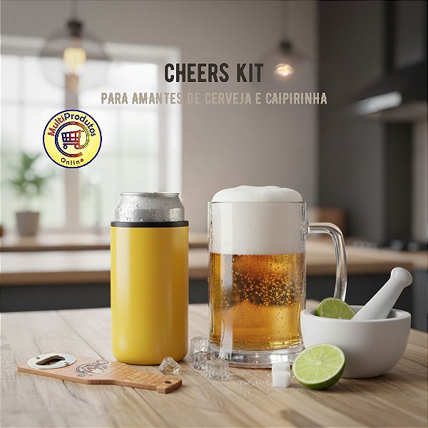 Cheers Kit | 1 Abridor de Garrafa Magnético + 1 Caneca Chopp 500ml Acrílico + 1 Porta Latão Térmico + 1 Pilão Ecológico | Amantes de Bebidas Cervejas Caipirinha | Presente Masculino Criativo