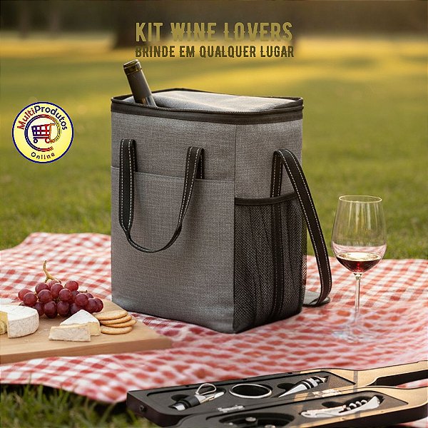 KIT WINE LOVERS | 1 Bolsa Térmica para 6 Garrafas de Vinho + 5 Peças de Utensílios Sommelier em Formato de Garrafa | Ideal para Presentear, Eventos | Amigo Secreto | Presente Criativo