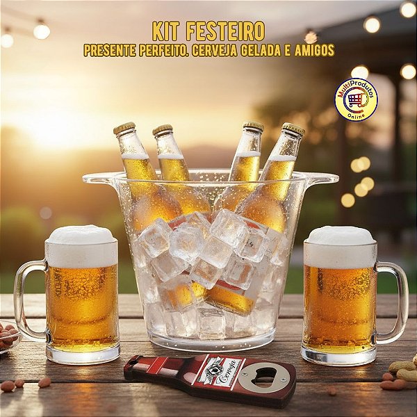 KIT FESTEIRO | 1 Balde de Gelo 4l + 2 Canecas Chopp 500ml Acrílico + 1 Abridor de Cerveja Magnético | Para Churrasco, Festa, Bar, Presente Criativo