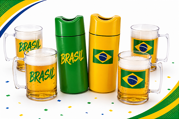 Kit Torcedor Vip| 2 Porta Garrafas Térmicos 600ml Verde Amarelo + 4 Canecas de Chopp Plásticas 500ml | Cerveja Gelada | Copa do Mundo 2026 | Time Campeão