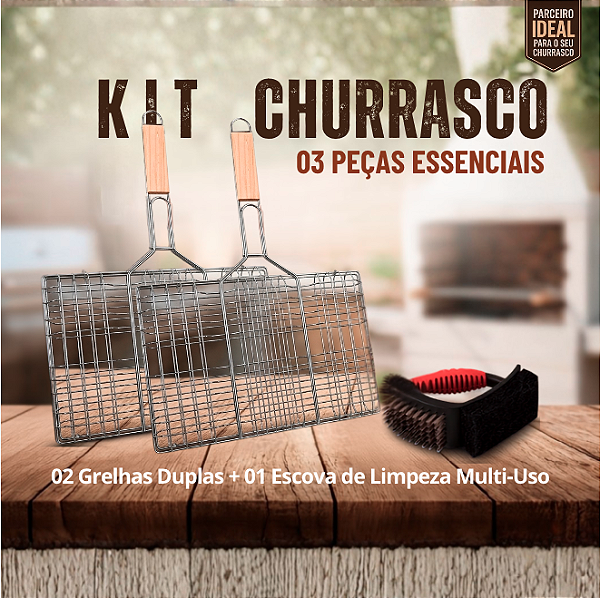 KIT Churrasco - 02 Grelhas Dupla Com Pegador de Madeira + 01 Escova Limpar Churrasqueira | Churrasco | Assar Peixe Frangos