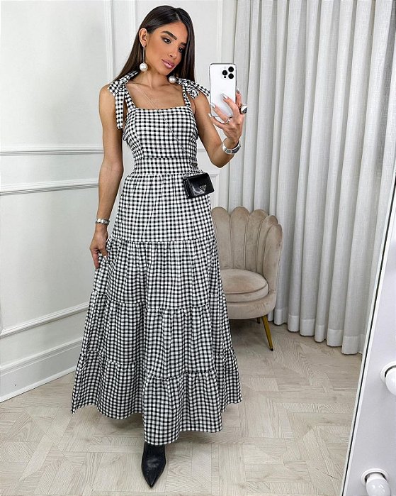 Vestido Xadrez Alça - Preto/Branco