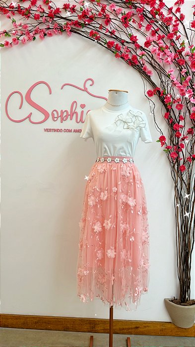 Saia Tule Flor - Rosa