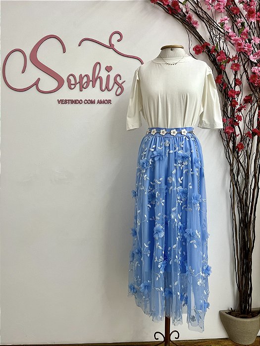 Saia Tule Flor - Azul