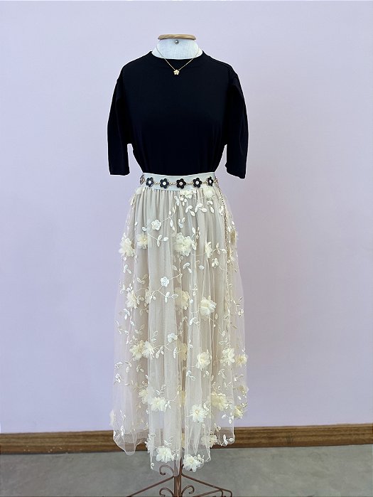 Saia Tule Flor - Nude