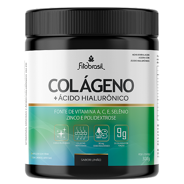 Colágeno 9g com 50 mg de ácido hialurônico, vitamina A, C, E selênio e zinco (nova fórmula) - Limão com Clorofila 300g