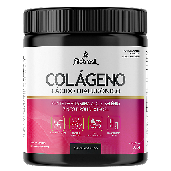 Colágeno 9g com 50 mg de ácido hialurônico, vitamina A, C, E selênio e zinco (nova fórmula) -  Morango 300g