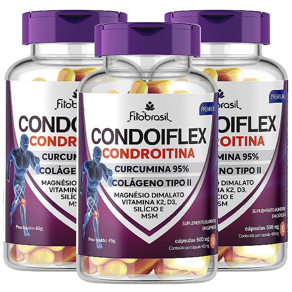 Condoiflex (Condroitina, Colág. II, Curcumina, MSM e +) - kit com 3 frascos de 90 cáps - 400mg