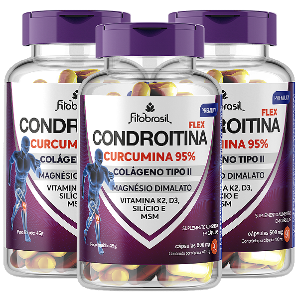 Condroitina flex (Condroitina, Colág. II, Curcumina, MSM e +) - kit com 3 frascos de 90 cáps - 400mg