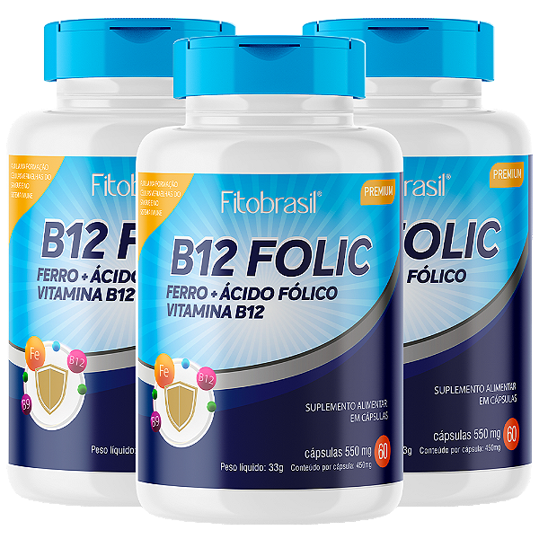 B12 Folic kit com 3 unidades (Ácido Fólico, Vitamina B12 e Ferro) - 60 Cáps - 550mg