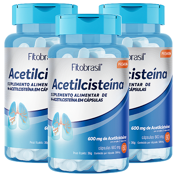 Acetilcisteína - 60 cáps de 600 mg - Kit com 3 frascos