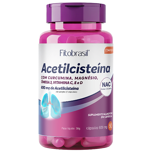 Acetilcisteína + Curcumina, Magnésio, Vitamina C, Vitamina E e Vitamina D – 60 cápsulas de 600mg