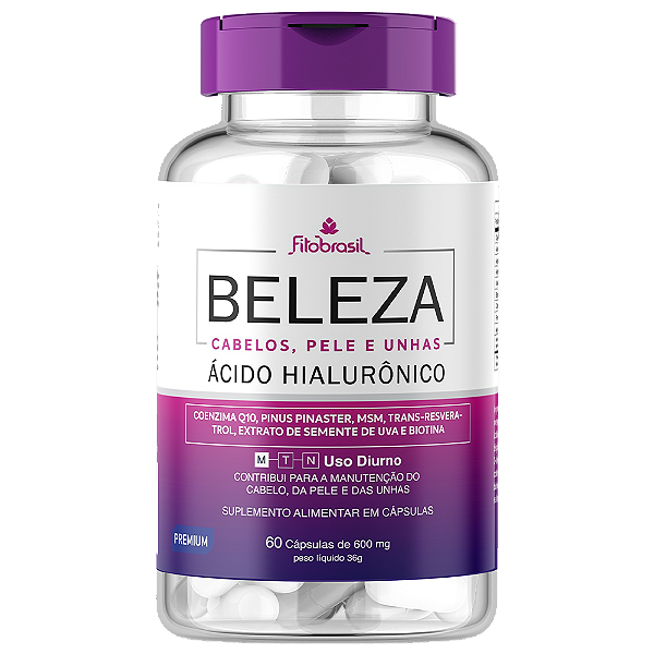 Beleza - Cabelo, Pele e Unhas - 60 cáps com Ácido Hialurônico, Q10, MSM, Resveratrol, Biotina