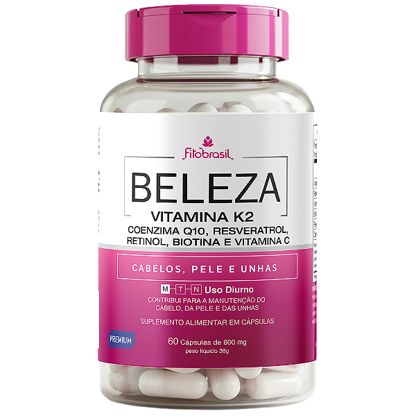 Beleza K2 - Vitamina K2, Coenzima Q10, Resveratrol, Retinol, Biotina e Vitamina C - 60 cápsulas de 600mg