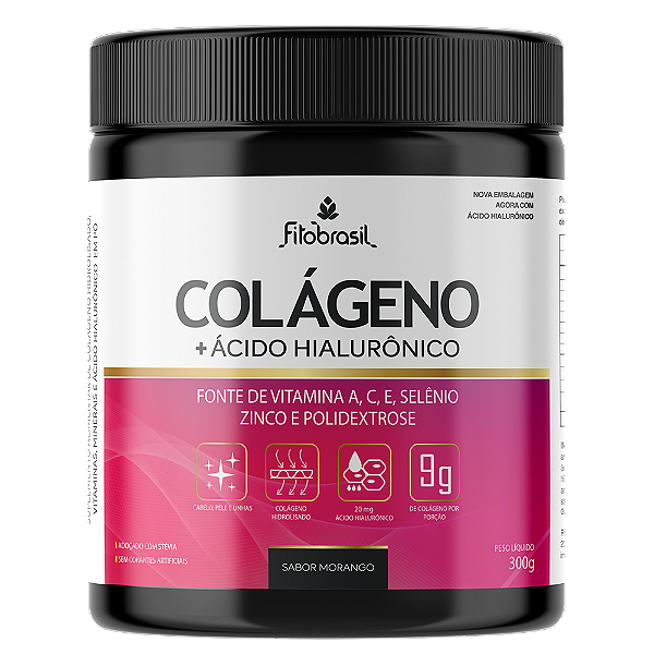 Colágeno 9g com 50 mg de ácido hialurônico, vitamina A, C, E selênio e zinco (nova fórmula) - Morango 300g