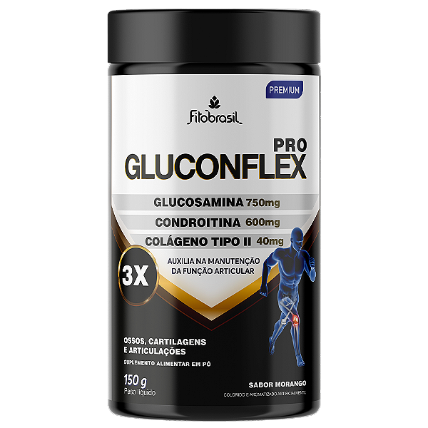 Gluconflex Pro (Glucosamina 750mg, Condroitina 600mg e Colágeno Tipo II 40mg) 150g - Sabor Morango
