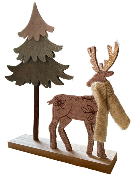 Enfeite Natalino Rústico com Veado em Feltro e Árvore de Madeira