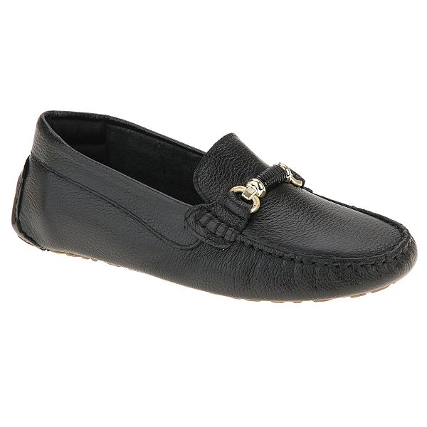 Mocassim Feminino Couro Enfeite Preto e Ouro Confortável