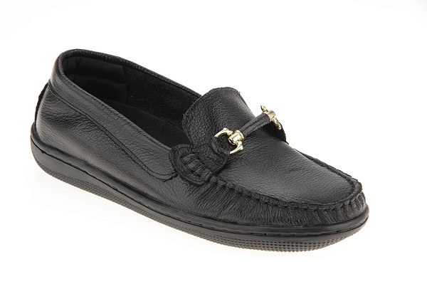 Mocassim Feminino Couro Enfeite Preto Ouro Flexível La Botte
