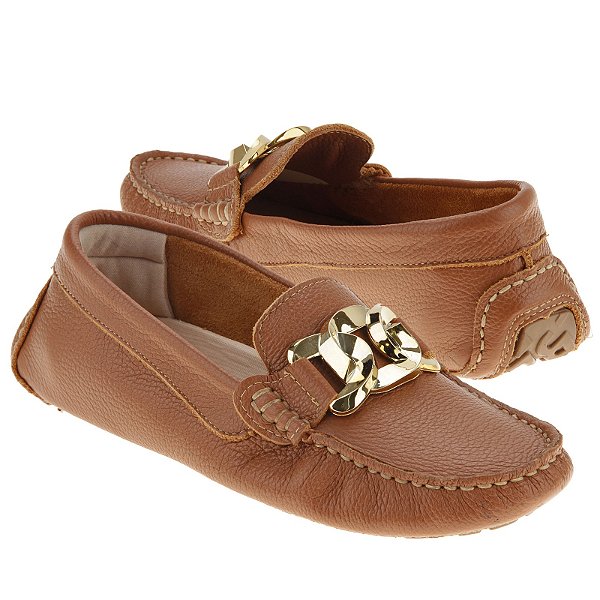 Mocassim Feminino Couro Natural Legítimo Enfeite Dourado Confortável