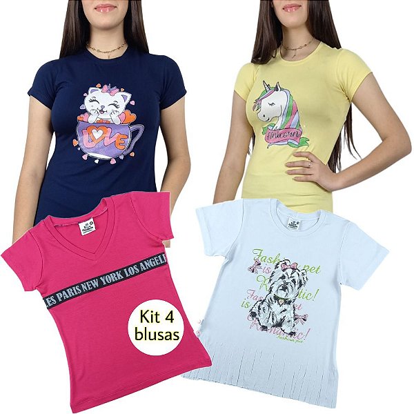 Combo 4 Conjuntos Juvenil Moda Verão com Blusa Camisetas e