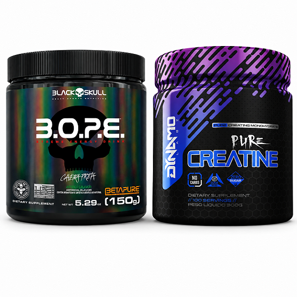 COMBO - Pré Treino Bope 150g Black Skull Frutas Amarelas + Creatine 300G Dynamo