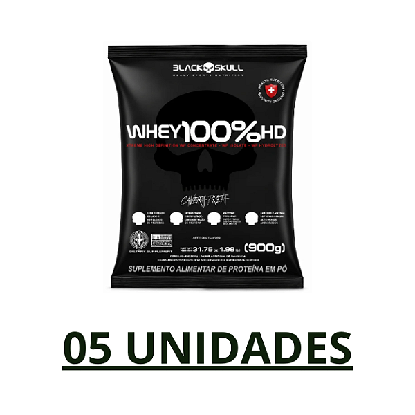 Combo 05 unidades - Whey 100% HD 900g Morango Black Skull