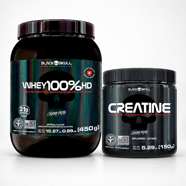 COMBO - Whey 100% Hd Pote 450g Morango + Creatina Pote 150g - Black Skull