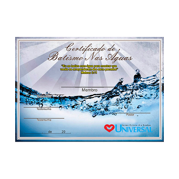 certificado Batismo membros Igreja Universal - 100 unidades
