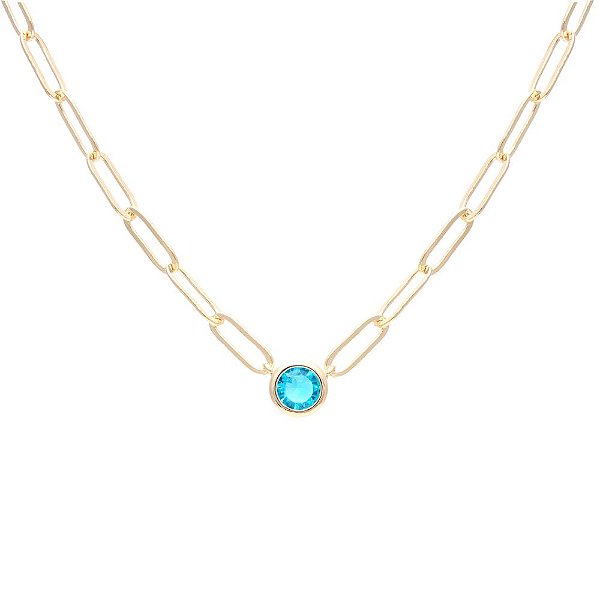 COLAR CRISTAL TOPÁZIO AZUL REDONDO BANHADO A OURO