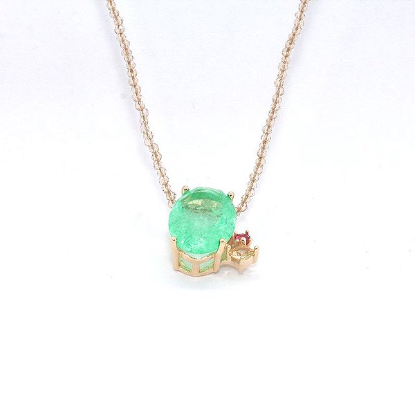 COLAR HANDMADE FIO CRISTAL TOPÁZIO FUMÊ PINGENTE FUSION ESMERALDA COLOMBIANA