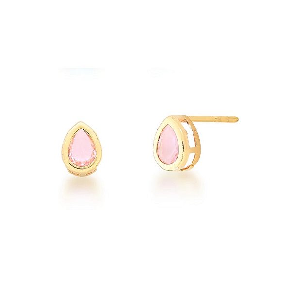BRINCO PEDRA GOTA VAZADO LATERAL ROSA