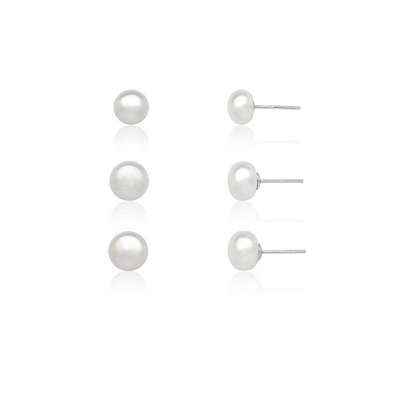 BRINCO TRIO PRATEADO LISO PEROLA AGUA DOCE - PRATA 925