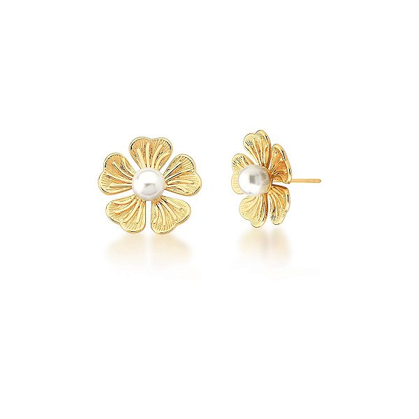 BRINCO DE FLOR COM PÉROLA SHELL BANHADO A OURO