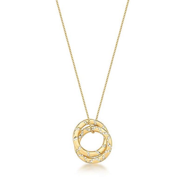 COLAR COM PINGENTE REDONDO CRAVEJADO BANHADO A OURO BANHADO A OURO -TAM 45