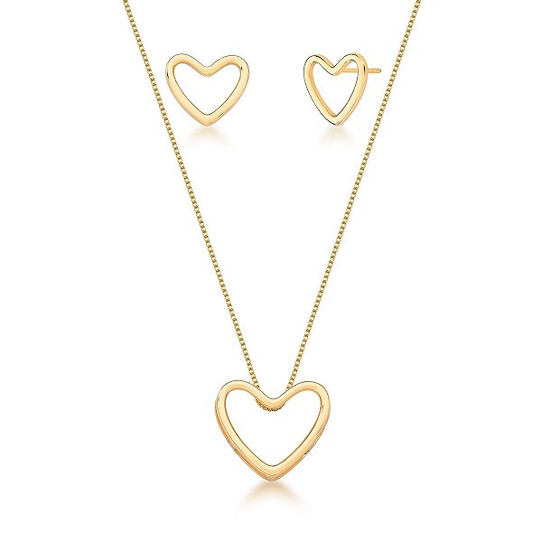 CONJUNTO COLAR E BRINCO DE CORAÇÃO LISO BANHADO A OURO - TAM 45