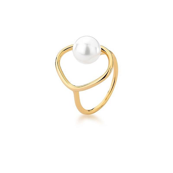 ANEL COM OVAL LISO VAZADO E PÉROLA SHELL - TAM 18