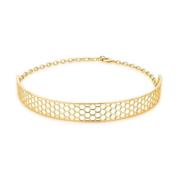 COLAR CHOKER EM ARO GEOMETRICO VAZADO BANHADO A OURO - TAM 35