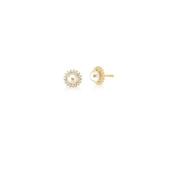 BRINCO PEROLA + ZIRCONIA CONTORNO REDONDO BANHADO A OURO