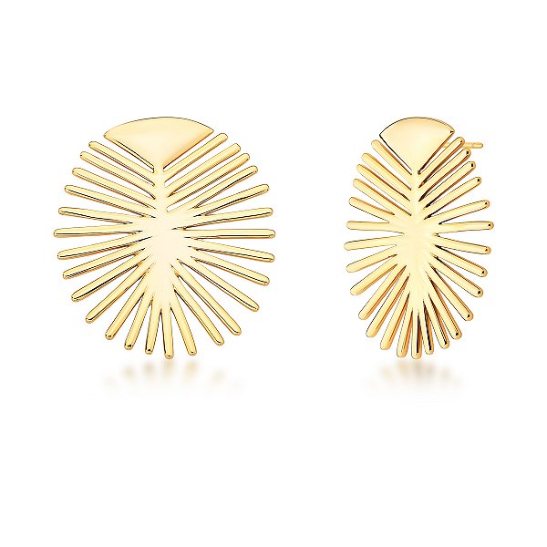 BRINCO OVAL FOLHA ESPETADA LISO BANHADO A OURO