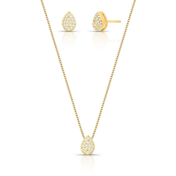 CONJUNTOS COM PINGENTE ZIRCONIA GOTA ABAULADO BANHADO A OURO - TAM 45